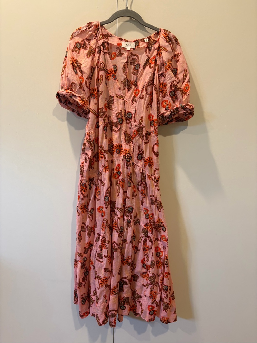 A.L.C.  Paisley Midi Dress with Puff Sleeves